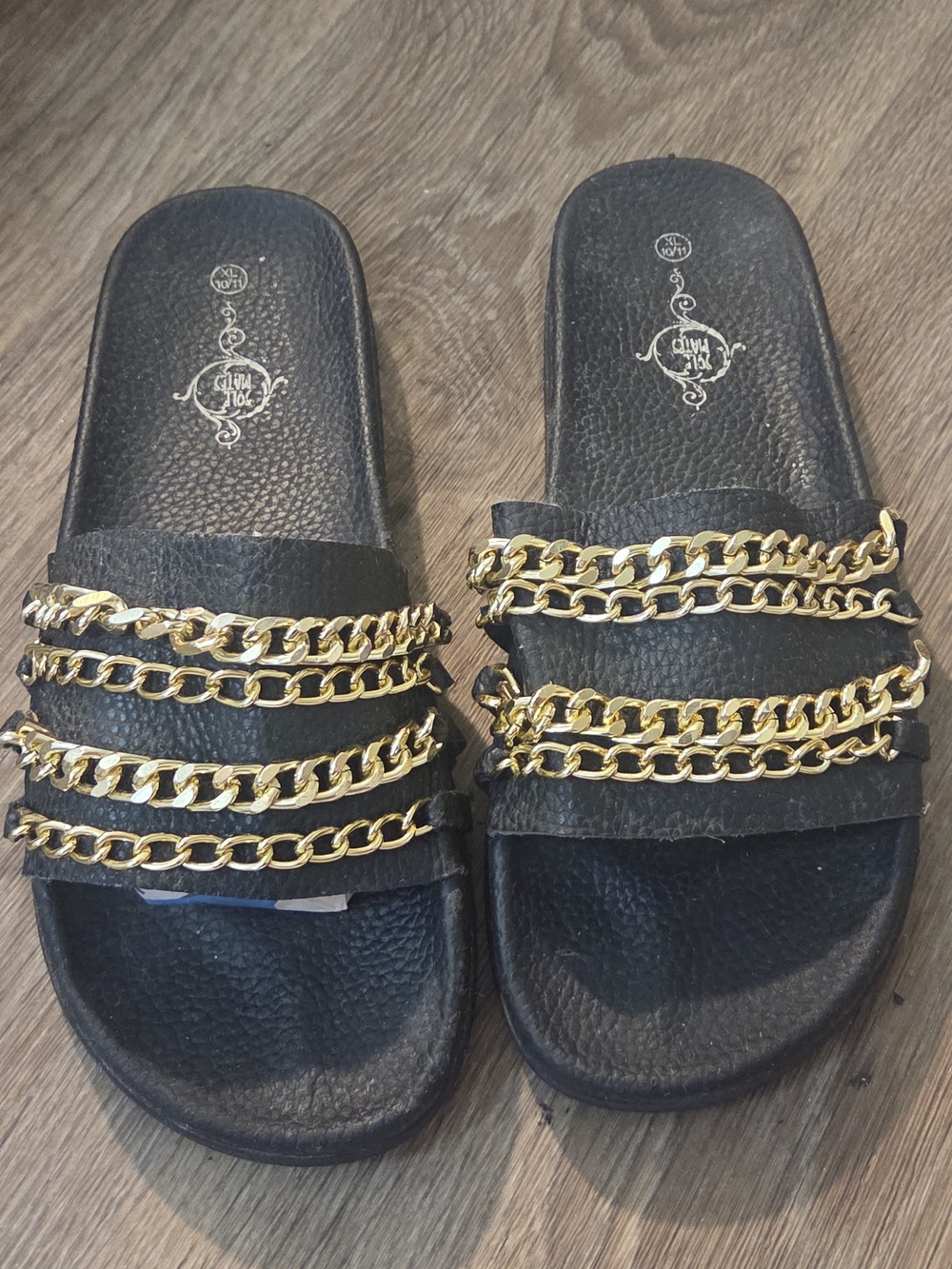 Sole Mates Black Slide Sandals with Gold Chain Straps